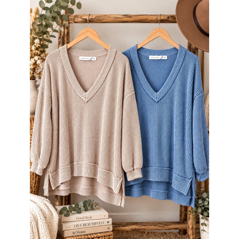 Altar'd State Waffle Knit V-Neck Pullover Sweater Set Blue Tan XS Lot of 2